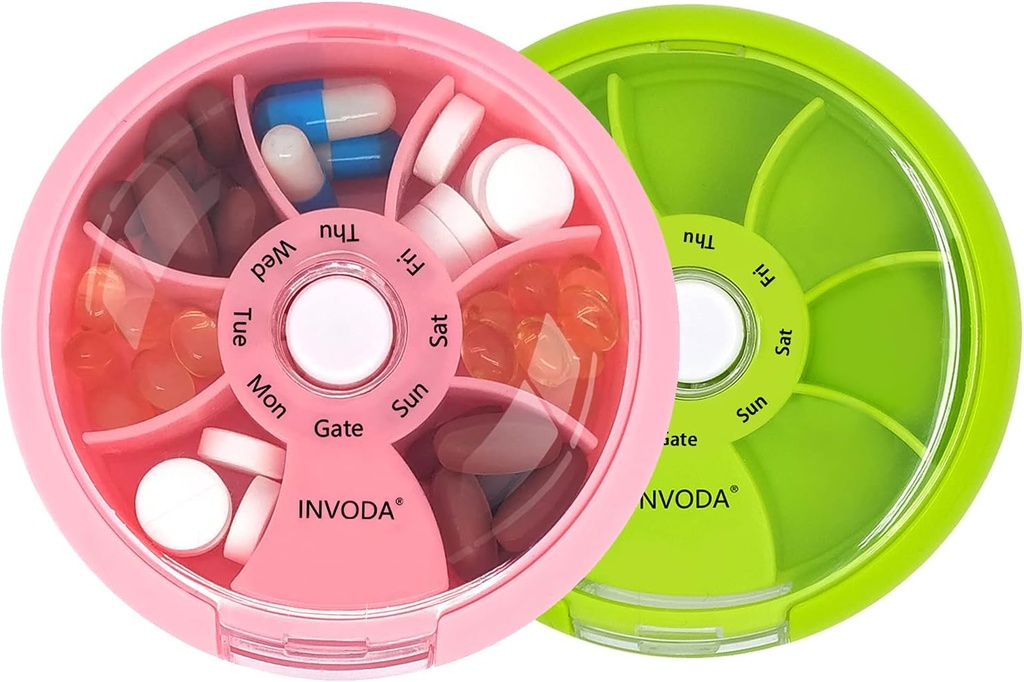 INVODA Weekly Pill Organizer 7 Segment Roterende Pill Box for Daglig Medicin & Vitaminer - Bærbar rejse Pill sag Fish Oil Kosttilskud Vitaminer Organizer (Pink + grøn)