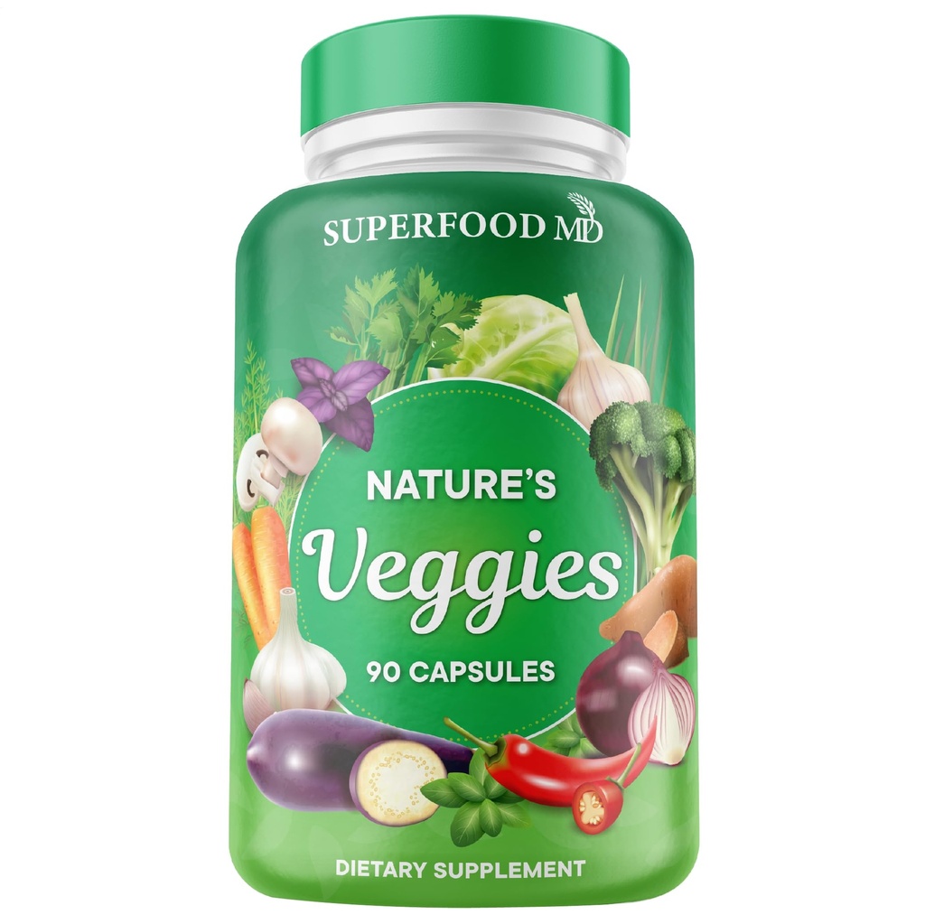 Superfood MD Veggies Supplement - 90 Veggie Kapsler - Understøtter energiniveauer, Beta Caroten, Vitamin & Min - Soja Free - 90 Tæl
