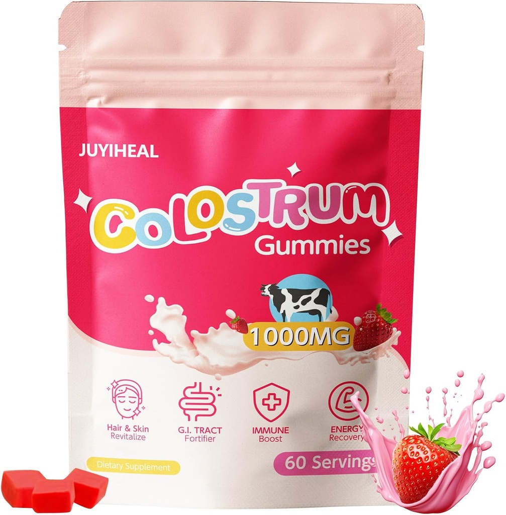 Colostrum Gummies, 1000 mg Græs Fed Colostrum Chews Colostrum Supplement til Gut sundhed, hårvækst, skønhed og immunforsvar, Jordbær Flavor 60 Servering