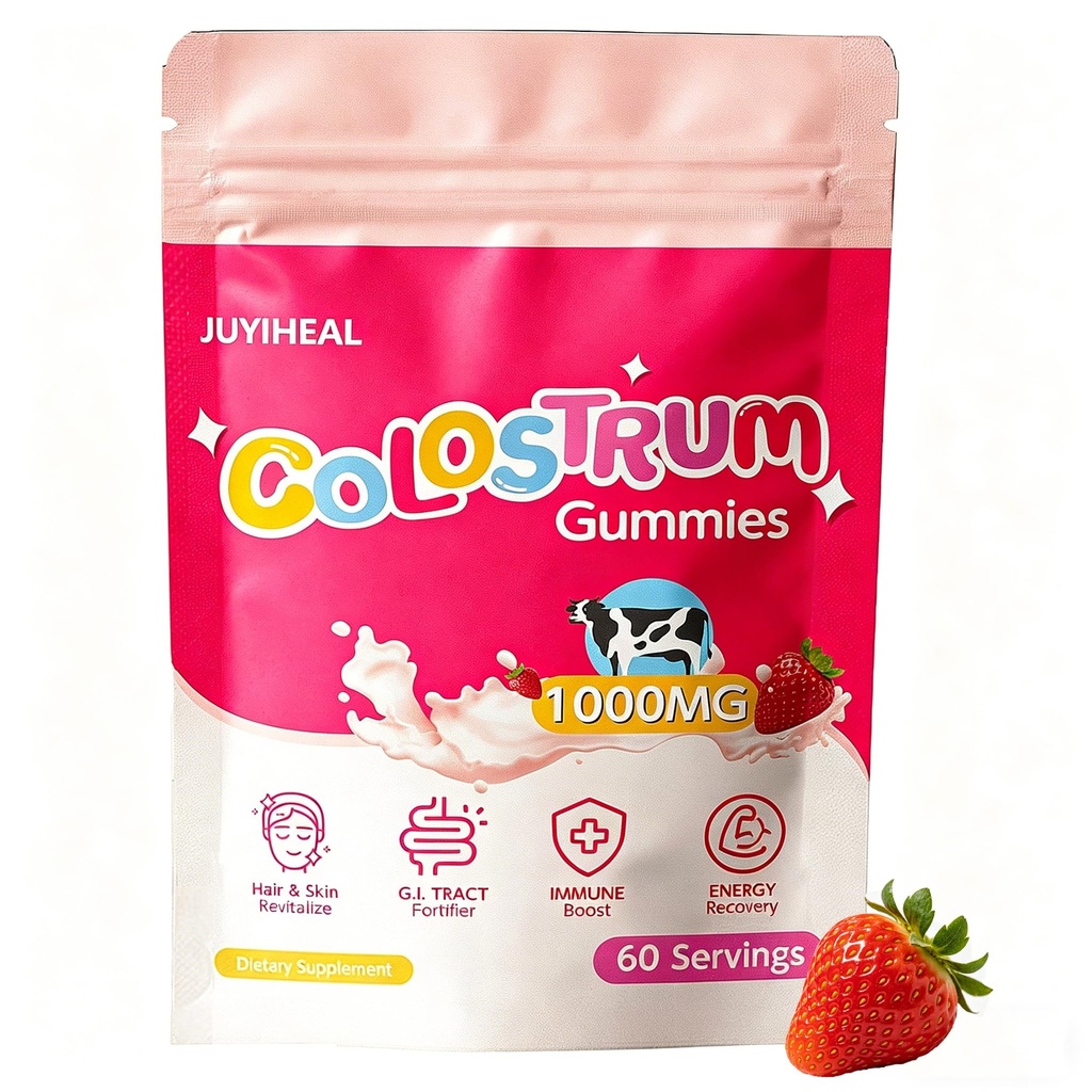 Colostrum Gummies, 1000 mg Græs Fed Colostrum Chews Colostrum Supplement til Gut sundhed, hårvækst, skønhed og immunforsvar, Jordbær Flavor 60 Servering