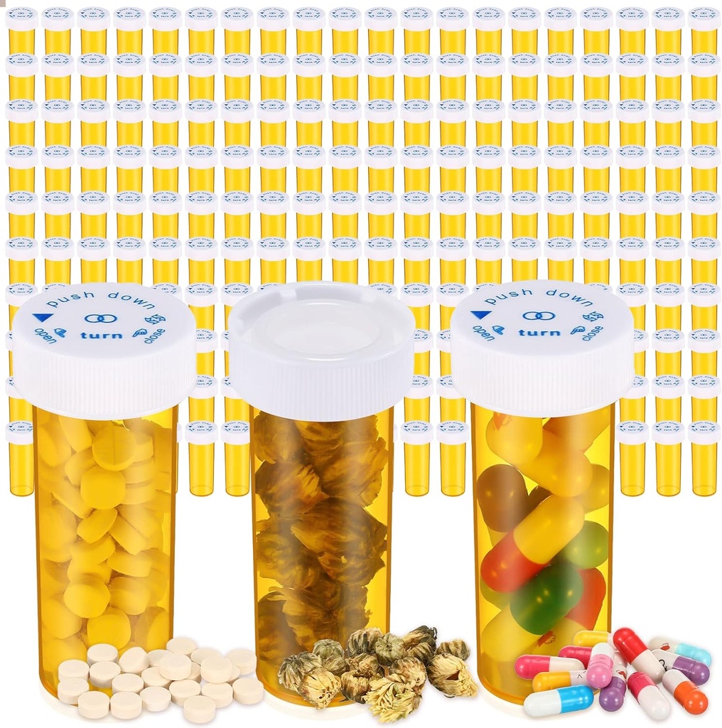 200 stykker Tomme Medicin Pill Flasker med barn resistent Caps 6 Dram Plastic receptpligtig Flasker Orange Pill Container Små Medicin Flasker med låg til farmaceutiske, Læger og Labs, Hospitaler