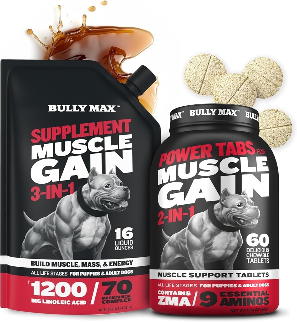 Bully Max 3- in-1 Flydende hund muskel Builder og Power Tabs (60 faner) Bundle - High Protein Supplement & Chewable Multivitaminer til muskelvækst, Energi & Inddrivelse i alle racer, Hvalpe og voksne hunde