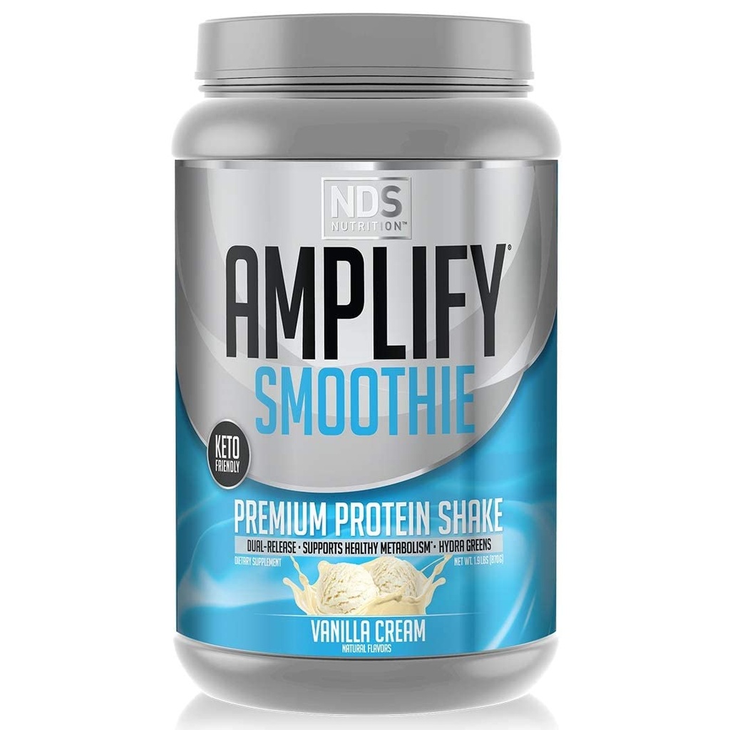 AMPLIFY NDS Nutrition Smoothie Premium Whey Protein Powder Shake with Added Green and Amino Acids - Build Lean Muscle, Gain Strength, Lasting Energy, og tabe fedt - Vanilla (30 Servere)