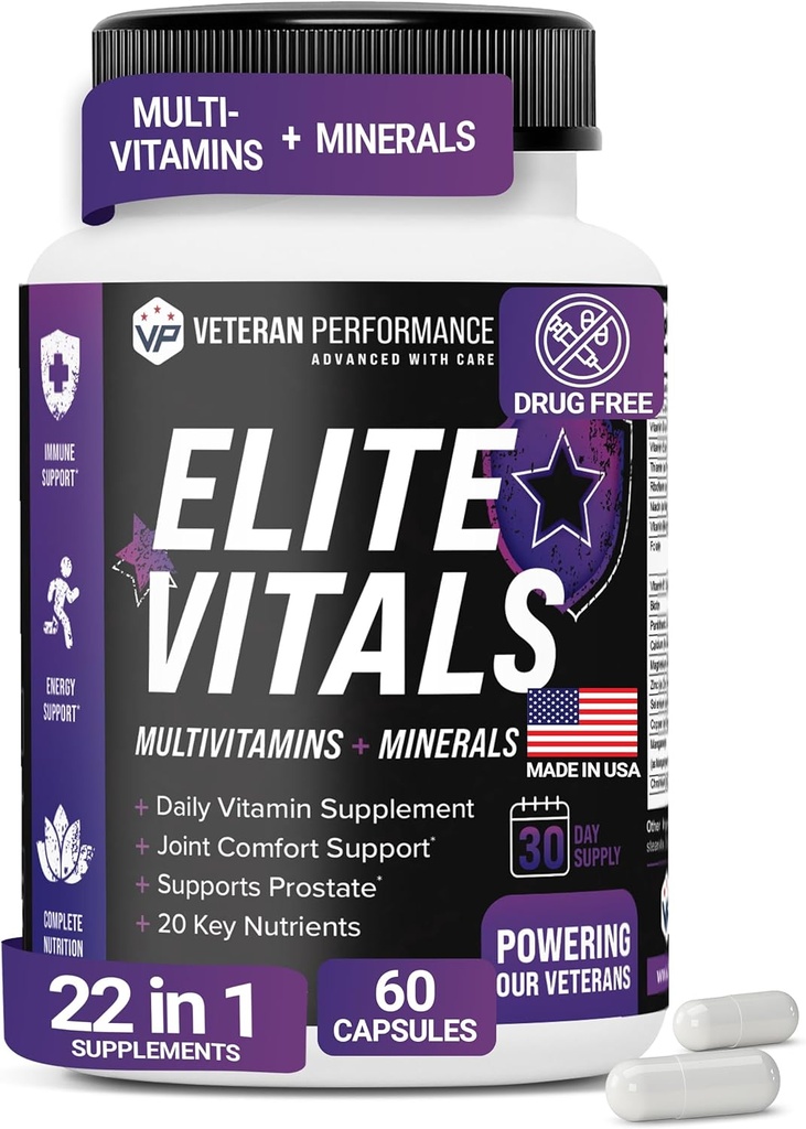 Elite Vitals - Herre Daily Multivitaminer med vitamin B12, Gluten Free immunforsvar supplement til prostata, Joint & Energy med zink, grøn te, + 20 Essentielle vitaminer - 60 Caps