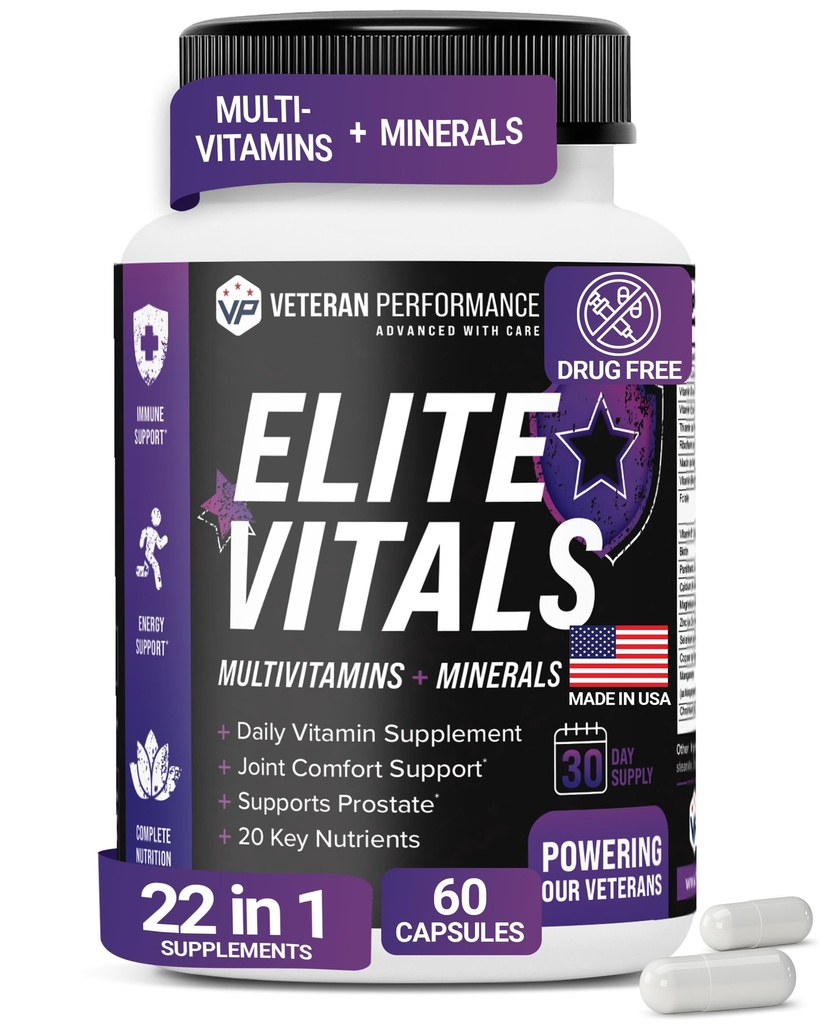 Elite Vitals - Herre Daily Multivitaminer med vitamin B12, Gluten Free immunforsvar supplement til prostata, Joint & Energy med zink, grøn te, + 20 Essentielle vitaminer - 60 Caps