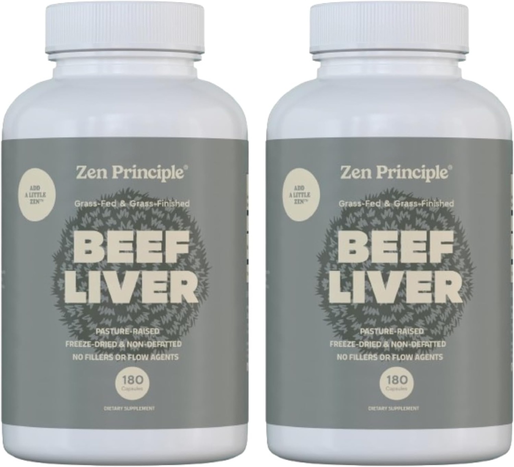Zen Principle Beef Lever Supplement Grass- Fed, Pastor- Raised Køer. Udtørret leversupplement, ingen Hormon eller GMO. Naturlig energi fra jern, protein, vitaminer. 2-pakke, 360 kapsler.