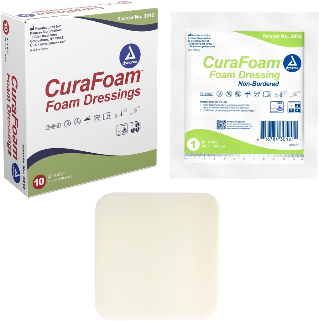 Dynarex 3012 CuraFoam Foam Dressing, Non-Bordered, Steril, Provides Cushioned and Fuist Wound Care, 4 "x 4,25", Pack of 10