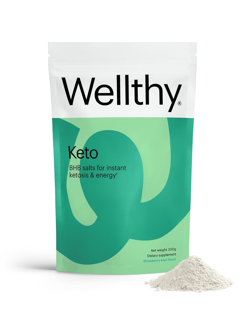 Wellthy Keto Power med HB Salte til Instant Ketosis og energi, Natural Strawberry Kiwi Flavor, 10.58 oz