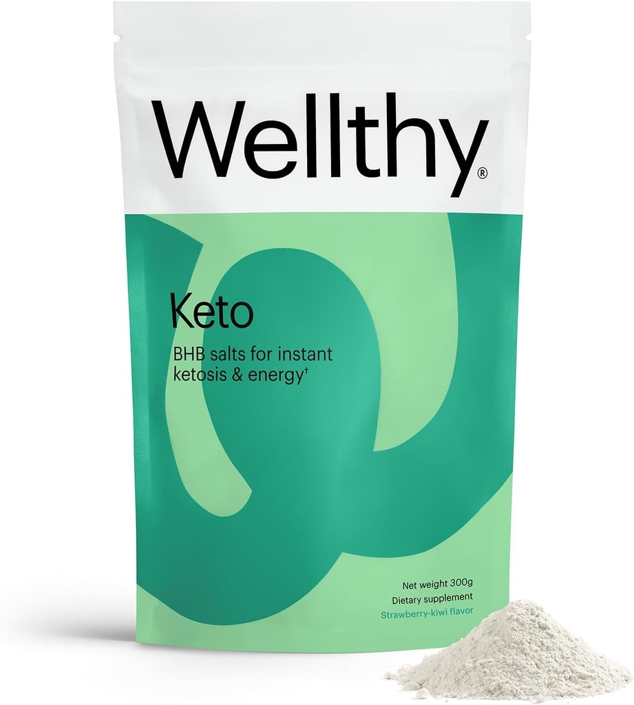 Wellthy Keto Power med HB Salte til Instant Ketosis og energi, Natural Strawberry Kiwi Flavor, 10.58 oz