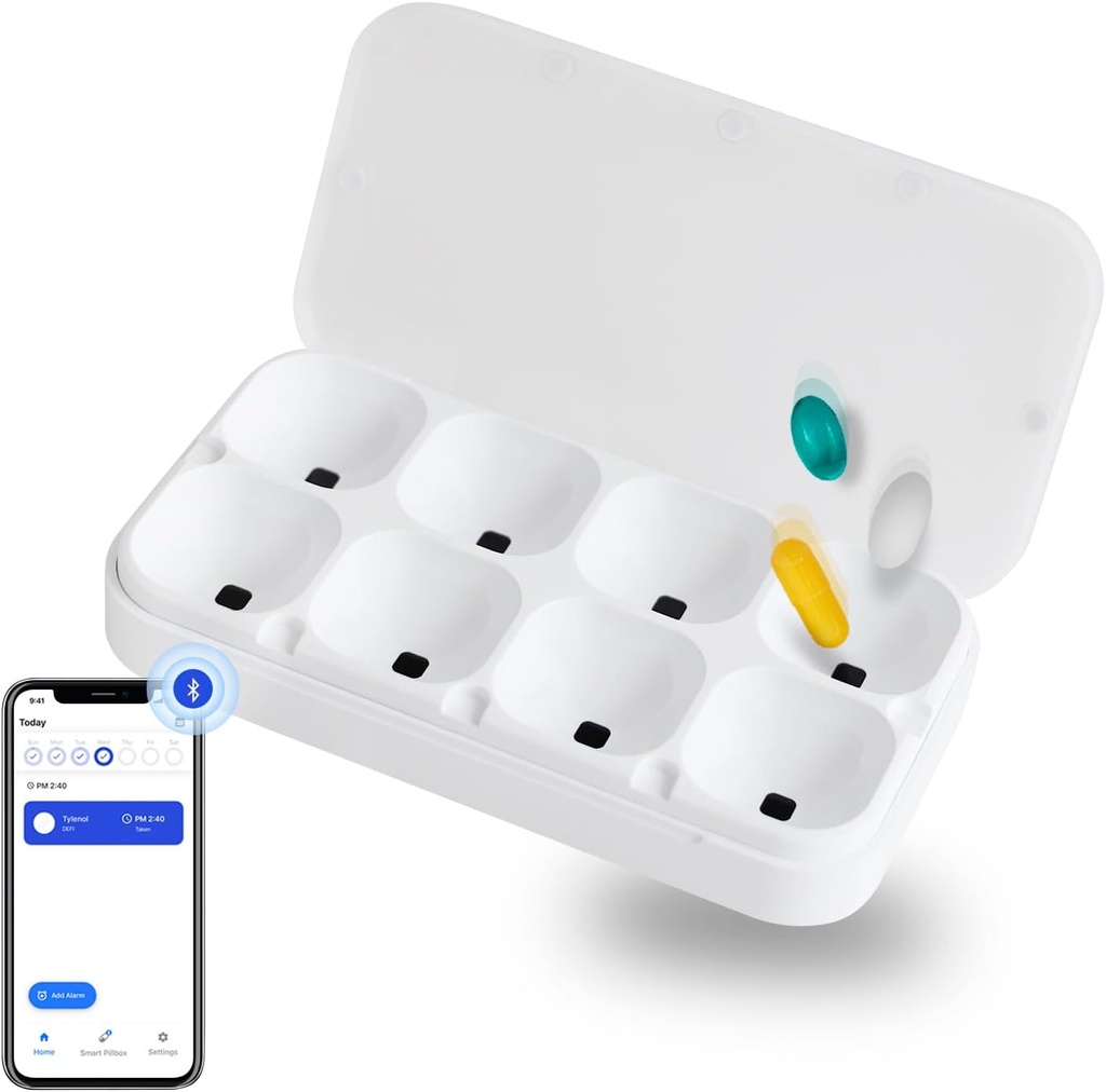 DEFI Smart Pillbox, Stor, 8 Slots, Pill Organizer, Portable, Bluetooth, Let at bruge, selvpleje, med Alarm, Lyd & Lys, Daglig, Compact Medicine Holder for Vitaminer, Kosttilskud, Gratis Reminder app.