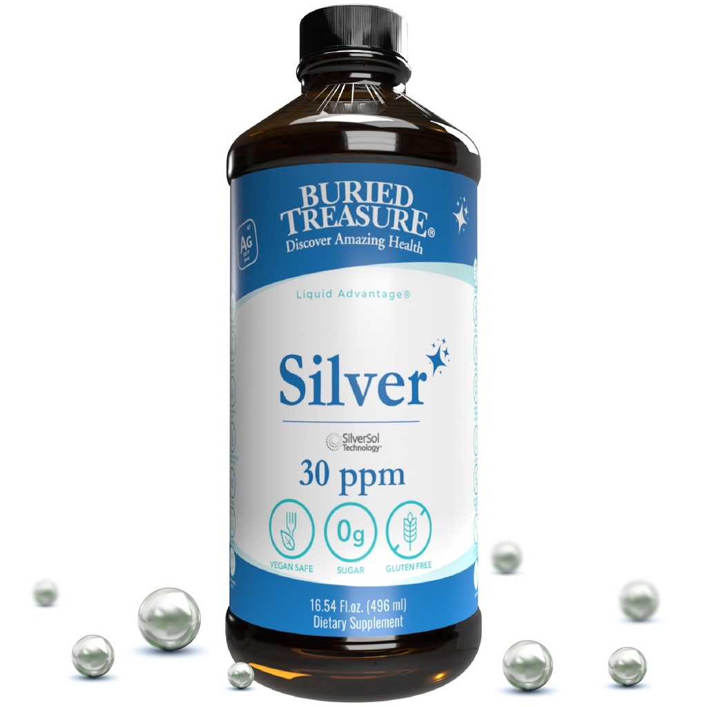 Begravet Treasure Renset Sølv Væske 30 PPM - 16 oz. 96 Serveringer, non-accumulative Nano Silver Solution, Spray & Kosttilskud
