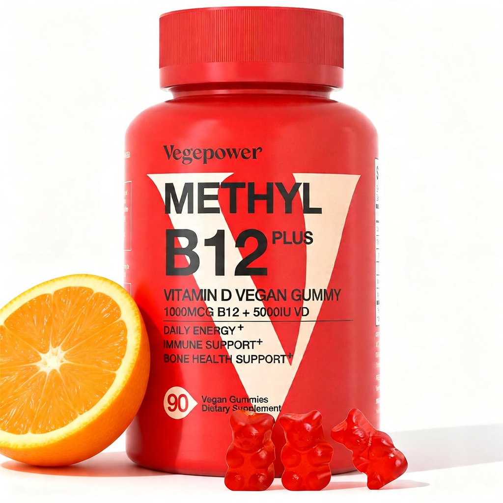 Vegansk vitamin D3 & B12 Gummies, Methyl B12 supplement til voksne og børn, forstærket med vitamin D 3 for naturlig energi, immunforsvar, Metabolisme & fokus, Orange, 90 Gummies