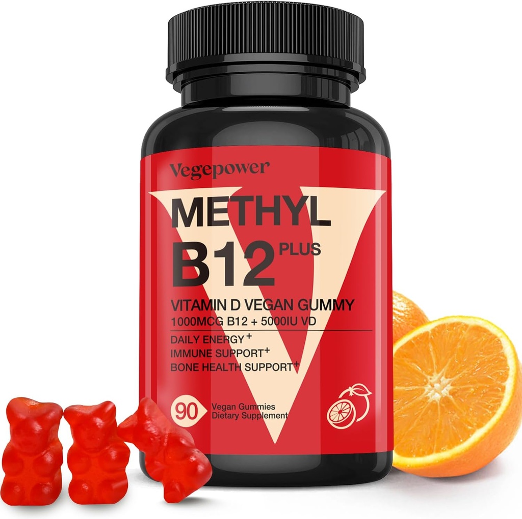 Vegansk vitamin D3 & B12 Gummies, Methyl B12 supplement til voksne og børn, forstærket med vitamin D 3 for naturlig energi, immunforsvar, Metabolisme & fokus, Orange, 90 Gummies