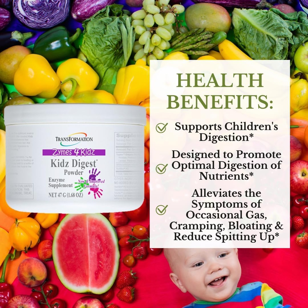 TRANSFORMERING GENESIS AF GOD SUNDHED Enzymer Digest Powder, Naturlig fordøjelsesstøtte til børn, Understøtter sund fordøjelse & Allowate Symptomer på gas, Cramping, Bloating, Let at blande, 47g