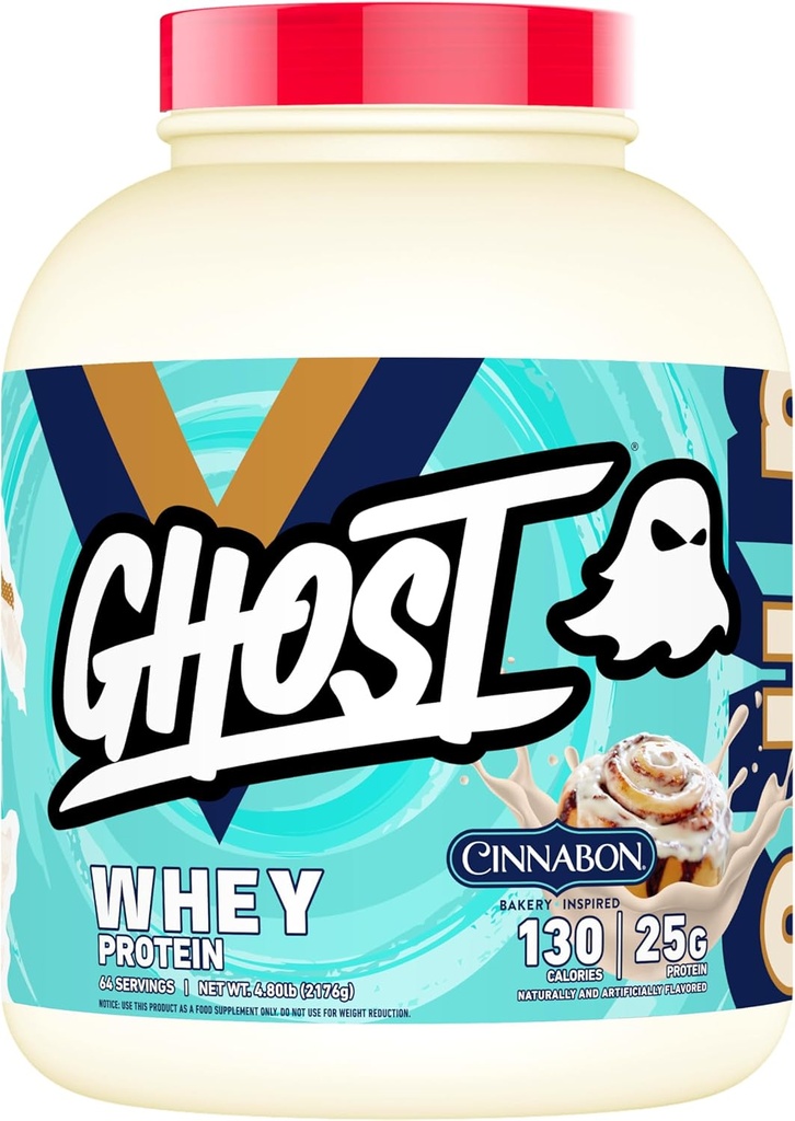GHOST Whey Protein Powder, Cinnabon - 5LB, 25G Protein - Cinnamel Roll Flavored Isolate, Concentrate & Hydrolyzed Whey Protein Blend - Post Workout Shakes - Soy & Gluten Free