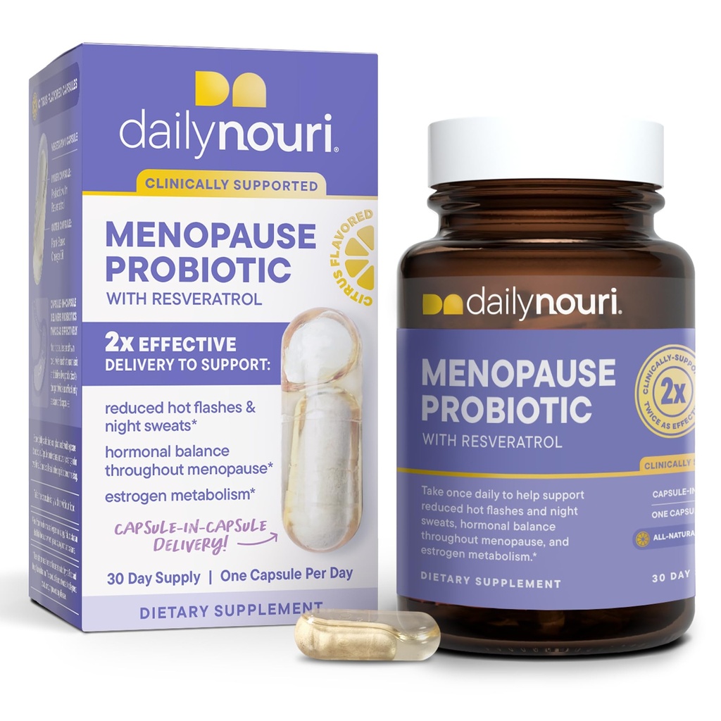 Daglig Nouri Menopause Probiotika for kvinder i 124; Hormonal Balance, Hot Flashs, Night Sweats & Gut Sundhed i 124; 3 Klinisk Studerede Strops + Resveratrol & Omega; 124; 30- Day Supply
