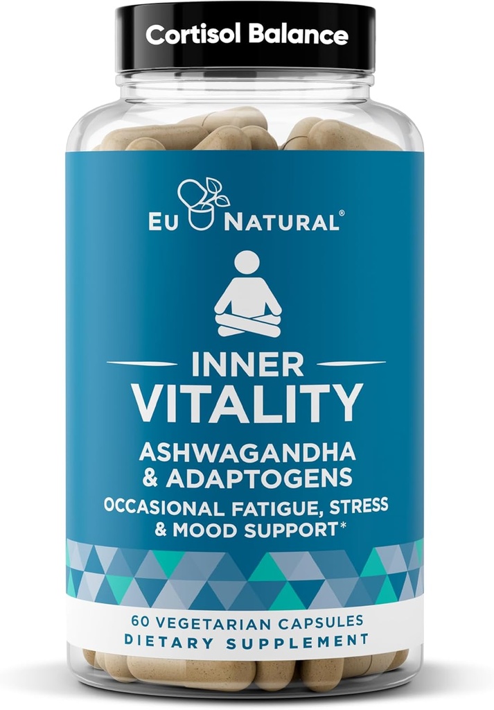 Vitality Cortisol Supplement - Fight Træthed, Føl rolig & Balanceret - Sund Cortisol, Focus Energy, Adrenal Support - Ashwagandha Supplement med Rhodiola, L-Tyrosine, Holy Basil - 60 Veg kapsler