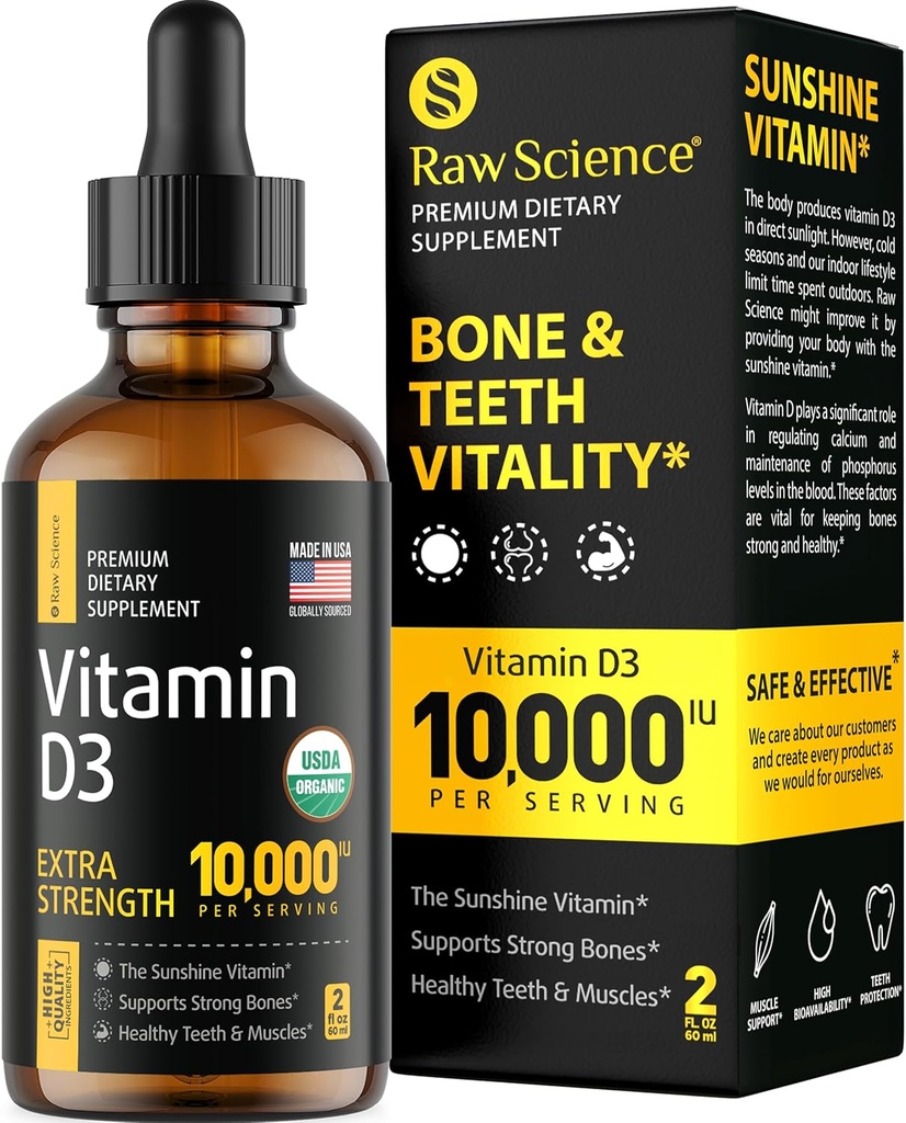 Flydende D-vitamindråber - D3- vitamin 10.000 IE til hurtigere absorption - hjælper med at understøtte stærke knogler og sundt hjerte - Vit D3 til Mood & Immunsystemet funktion - Høj dosis D3- vitamin Sublingual - 2 fl oz
