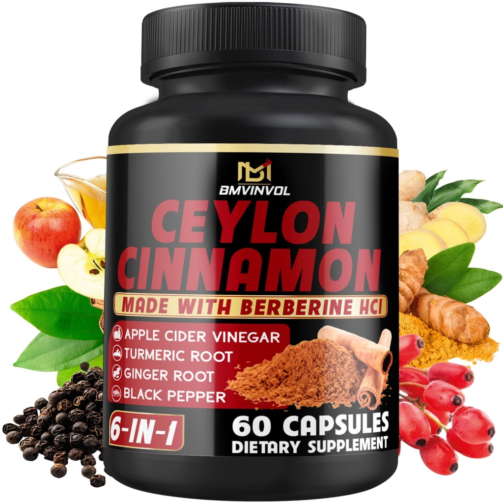 Ceylon kanel kapsler med Berberine HCl, Apple Cider Vincils, gurkemeje, Ginseng, Black Pepper - 6in1 for support immunfunktion - 60 Greve