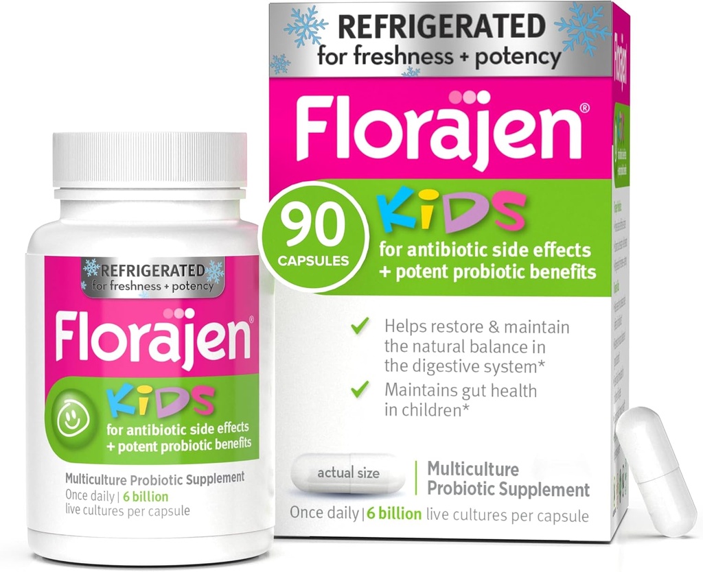 Florajen Kids Probiotiske, 6 Millioner CFU 'er, Kølede Probiotika for Børn, Multi Culture Probiotiske Supplement, Relieves Occasional Gas, Bloating & Constipation, Understøtter Gut Health, 30 Ct (3 Pack)