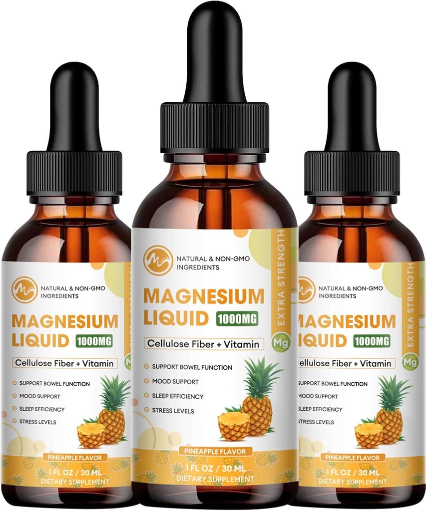 M tommer (3 Pack) Magnesium Glycinat Drops - Magnesium Væske Supplement 1000mg med Fiber Bromelain Vitamin B, C, D - 98% Absorption Than Pills Gummies