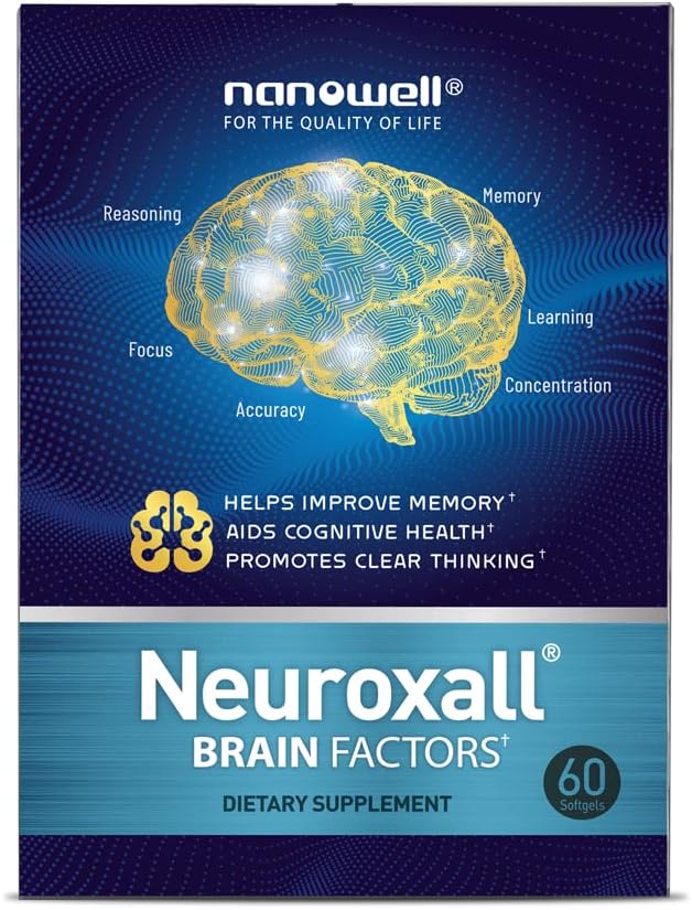 NANOWELL Neuroxall Brain Faktorer - Kognitiv Support med B6-vitamin, Astaxanthin, Ginkgo Biloba Extract & Phosphatidylserin - øger Brain Health, Memory & Focus - 60 Softgel