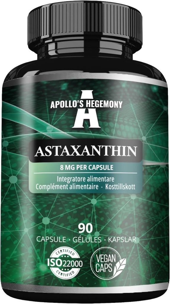 APOLLO 'S HEGEMONY Astaxanthin 8 mg fra mikroalger Haematococcus pluvialis - 90 Vegankapsler - 3 Måneders forsyning - Kraftig antioxidant - Kosttilskud