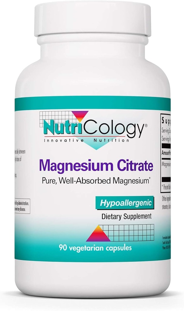 Nutricology Magnesium Citrate Supplement - Bone & Stress Support, Pure, Well- Absorberet, Hypoallergen, 170mg Vegetariske Kapsler - 90 Tæl