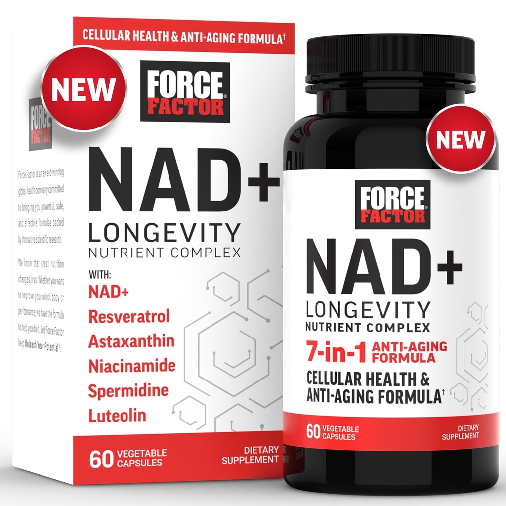 FORCE FACTOR NAD + (NMN eller Nicotinamid Riboside Alternative) med Resveratrol, Astaxanthin, Spermidin & Luteolin Complex, NAD til støtte Cellulær sundhed og sund aldring, 60 kapsler