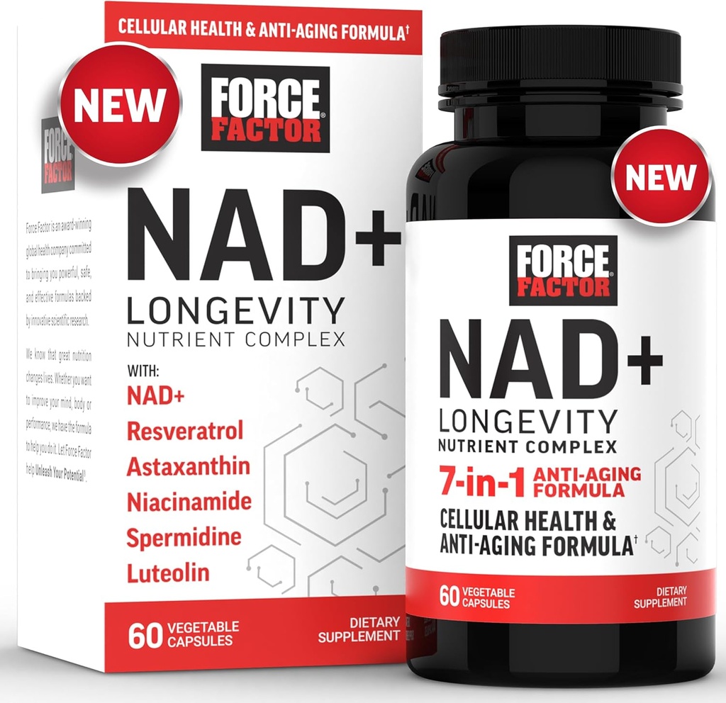 FORCE FACTOR NAD + (NMN eller Nicotinamid Riboside Alternative) med Resveratrol, Astaxanthin, Spermidin & Luteolin Complex, NAD til støtte Cellulær sundhed og sund aldring, 60 kapsler