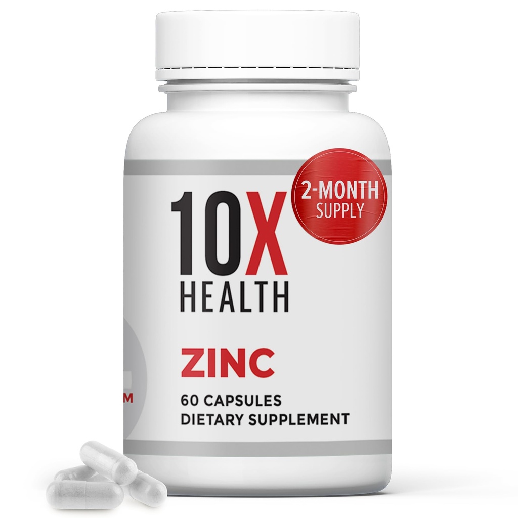 10X Health Zink Kosttilskud - Indeholder zink 30mg til DNA & Protein Syntese, Samlet wellness & immunsupporttillæg - stærkt absorberbare vitaminer (60 kapsler)