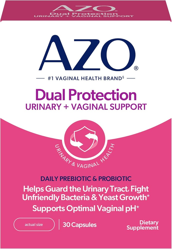 AZO Dual Protection, Urinary + Vaginal Support, Prebiotika og Probiotika til Kvinder *, Starter arbejder inden for 24 timer, non-GMO, 30 Greve