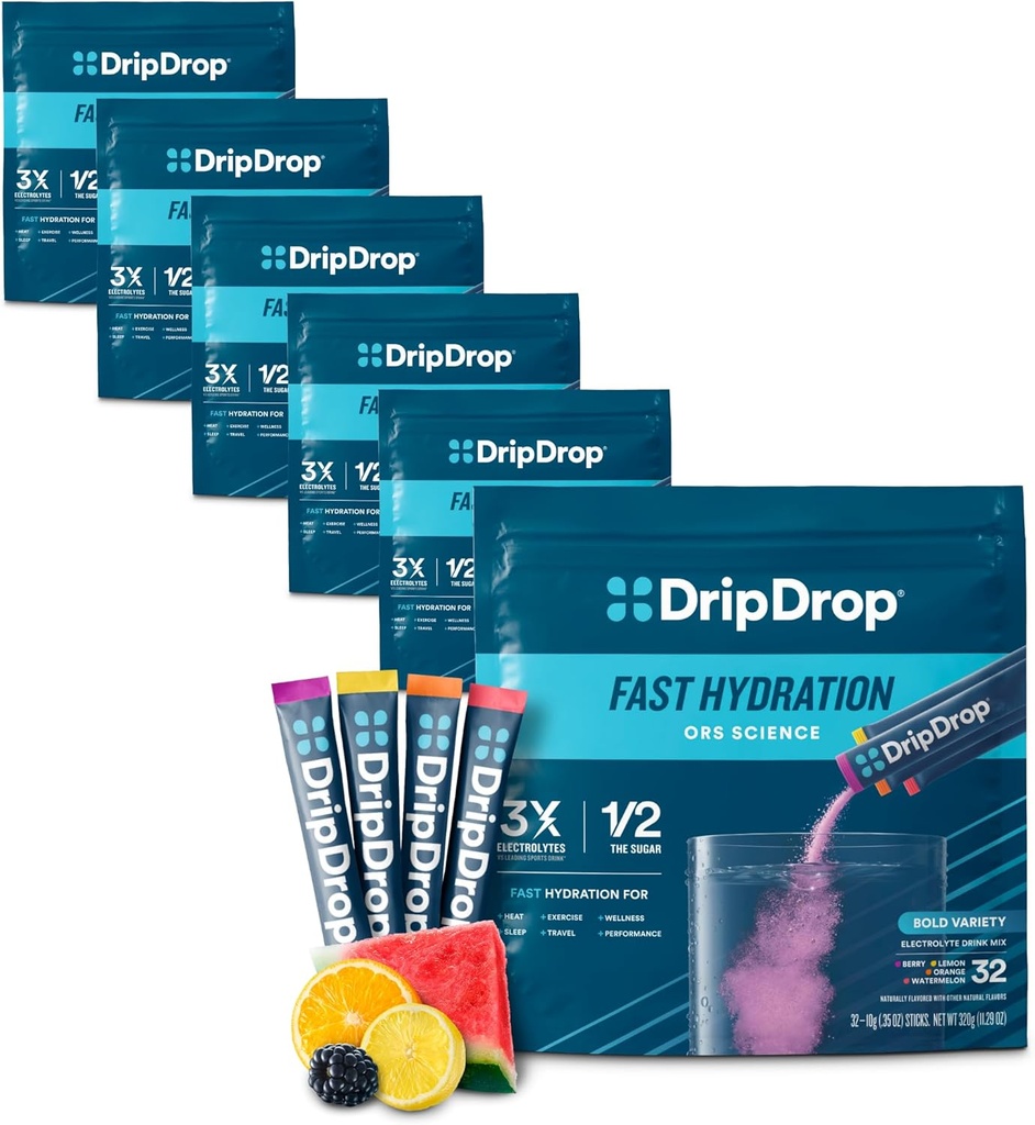 DripDrop Hydration Pakninger - Fed Variety Pack - Single Serve Electrolytes Powder Mix - Watermelon, Berry, Lemon, Orange - non-GMO, Gluten Free, Vegan - 192 sticks