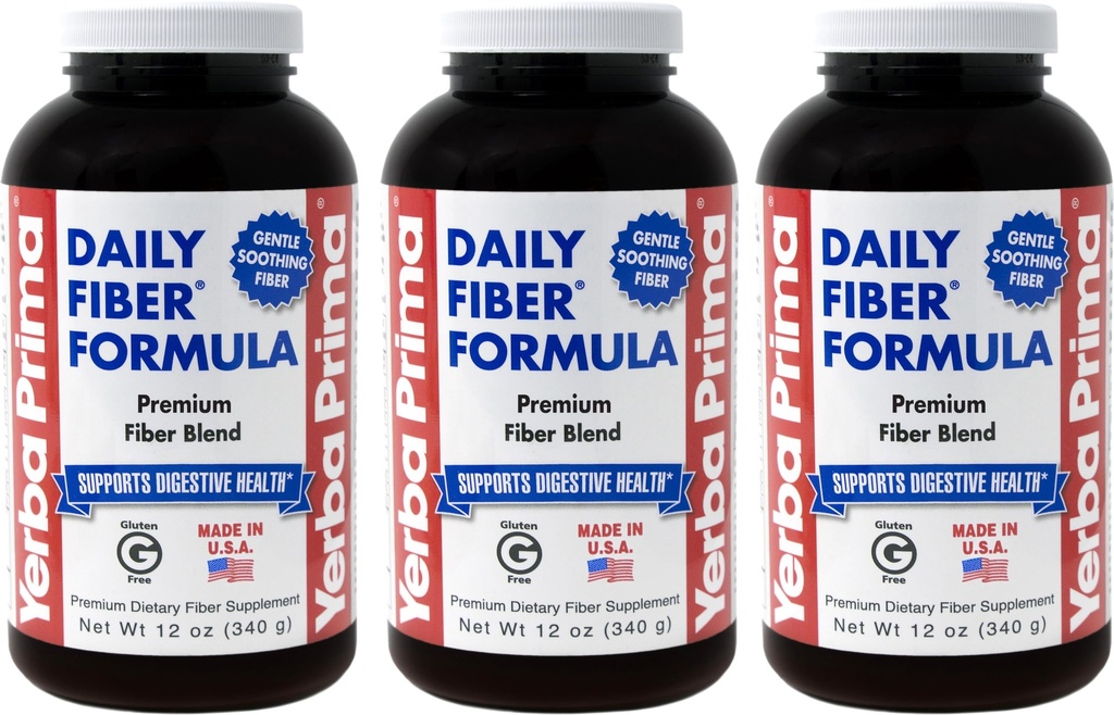 Yerba Prima Daily Fiber Formel Powder - 12 oz (Pack of 3) - Opløselig & Uopløselig Dietary Fiber Supplement - Colon Cleanse - Vegan, Non- GMO, Gluten- Free