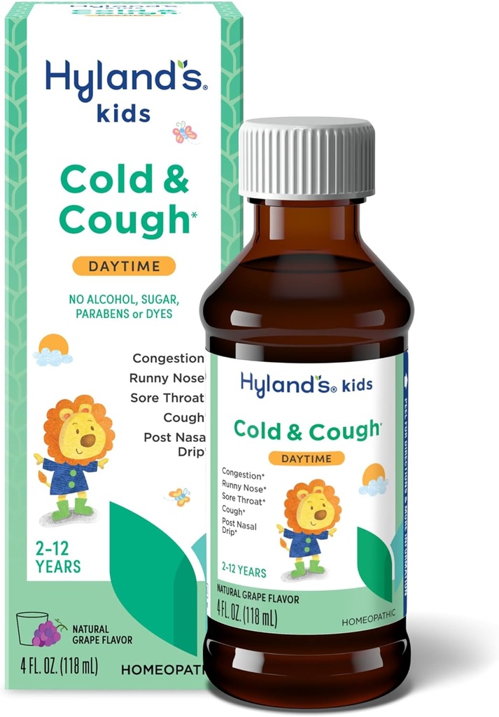Hyland 's Kids Cold and Hough, Daytime Grape Flavor Hough Syrup medicin til børn i alderen 2 og op, Decongestant, Sore Throat Relief, naturlig behandling for fælles kolde symptomer, 4 Fl Oz