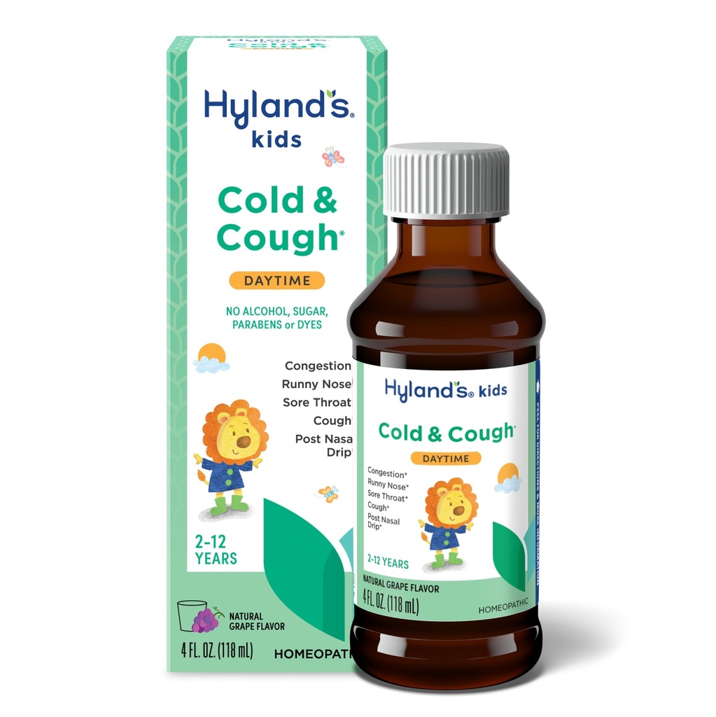 Hyland 's Kids Cold and Hough, Daytime Grape Flavor Hough Syrup medicin til børn i alderen 2 og op, Decongestant, Sore Throat Relief, naturlig behandling for fælles kolde symptomer, 4 Fl Oz