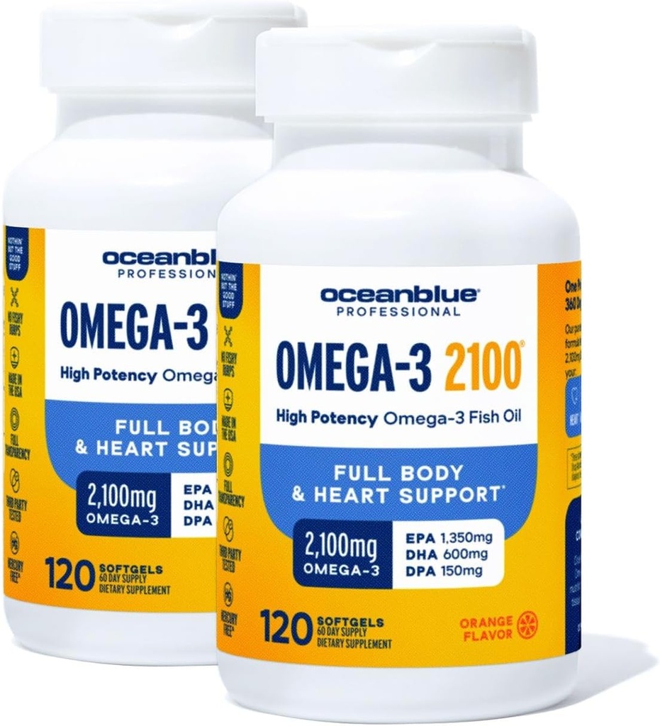 Oceanblå Professional 2100mg • 124; Triple Strength Omega 3 Fish Oil Supplement • 124; Burpless • 124; High Potency EPA • 124; Wild Caught - 120 Count (Pack of 2) Natural Orange Flavor