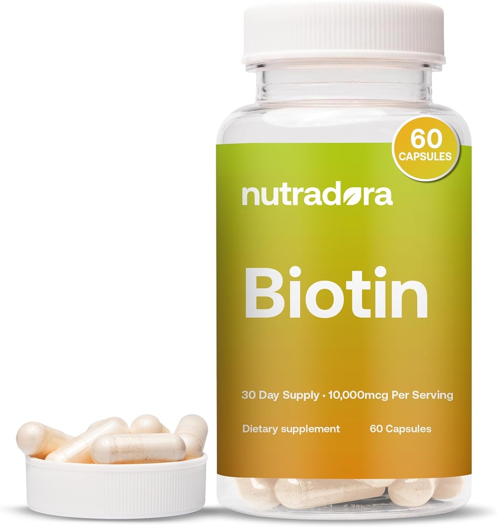 Biotin 10000mcg kapsler med kalcium til hår hud og negle - naturligt produceret biotin supplement til hårvækst og tykkelse 10,000mcg Vegan kapsler - Formuleret i USA 60 Tæl