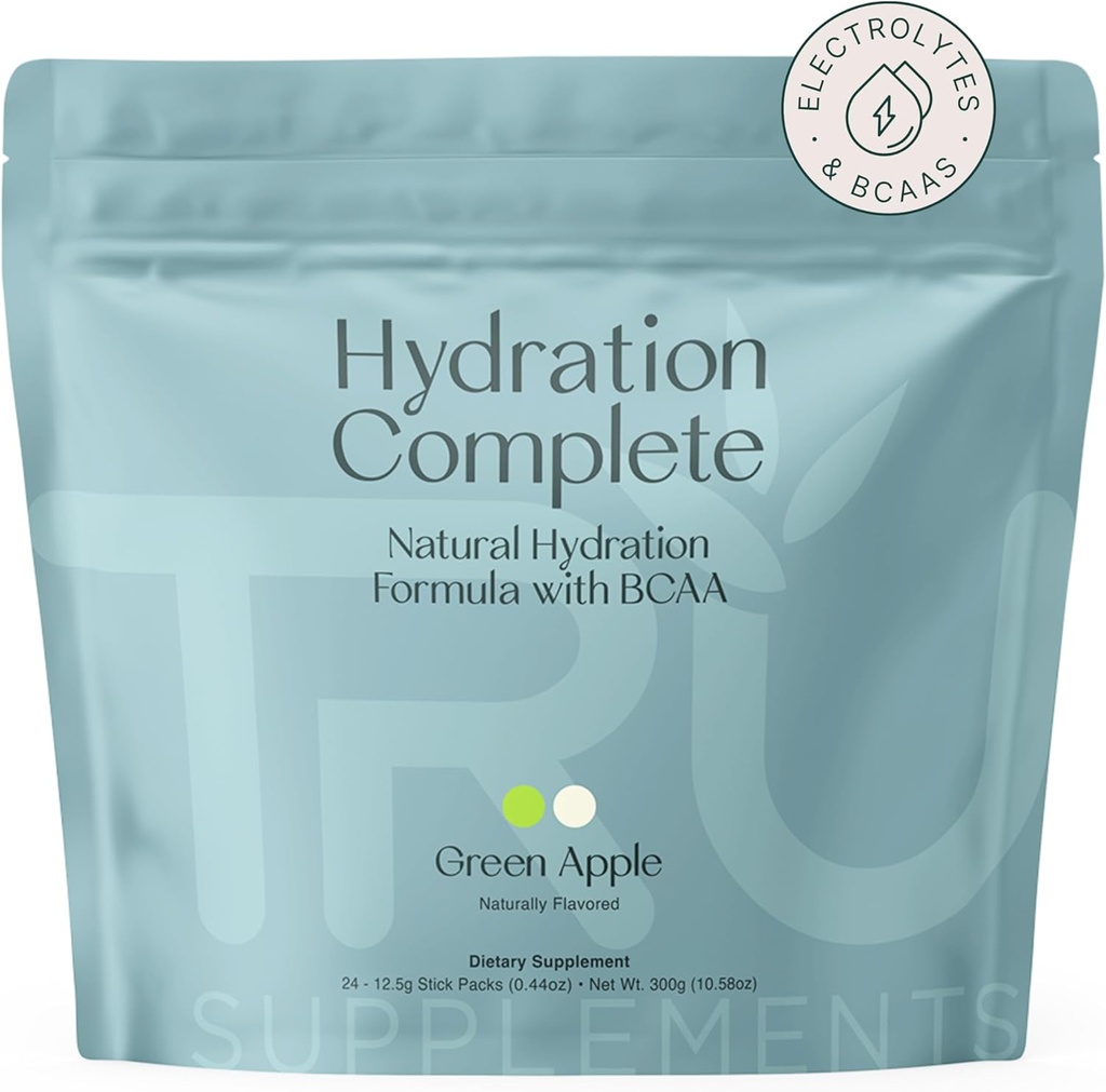 TRU Kosttilskud Hydration Complete BCAA, Plantebaserede Aminosyrer + Pink Himalayan Salt, Elektrolyter & L- Carnitin, Vegan, Zero Calories, Ingen kunstige sødemidler, 24 Servering, Green Apple