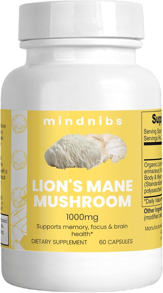 Organic Lions Mane Mushroom Capsules 1000mg - Kognitiv Support, Neurobeskyttende Nootropics, 60 Vegan Caps