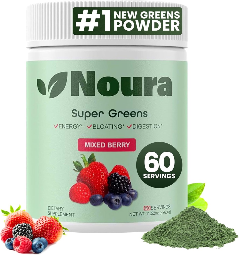 Super Green Powder, 60 Servering - Immunitet, fordøjelsesmæssige enzymer & probiotika til energi, Gut Health, Bloating Relief for kvinder - Grønne Superfood Powder - Blandede bær