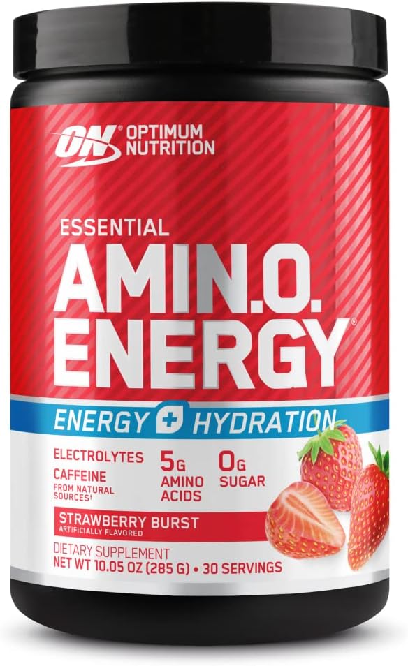 Optimum Nutrition Amino Energy Powder Plus Focus, med BCAA, Electrolytes, og koffein, Juicy Strawberry, 30 Servere (Packaging May Vary)
