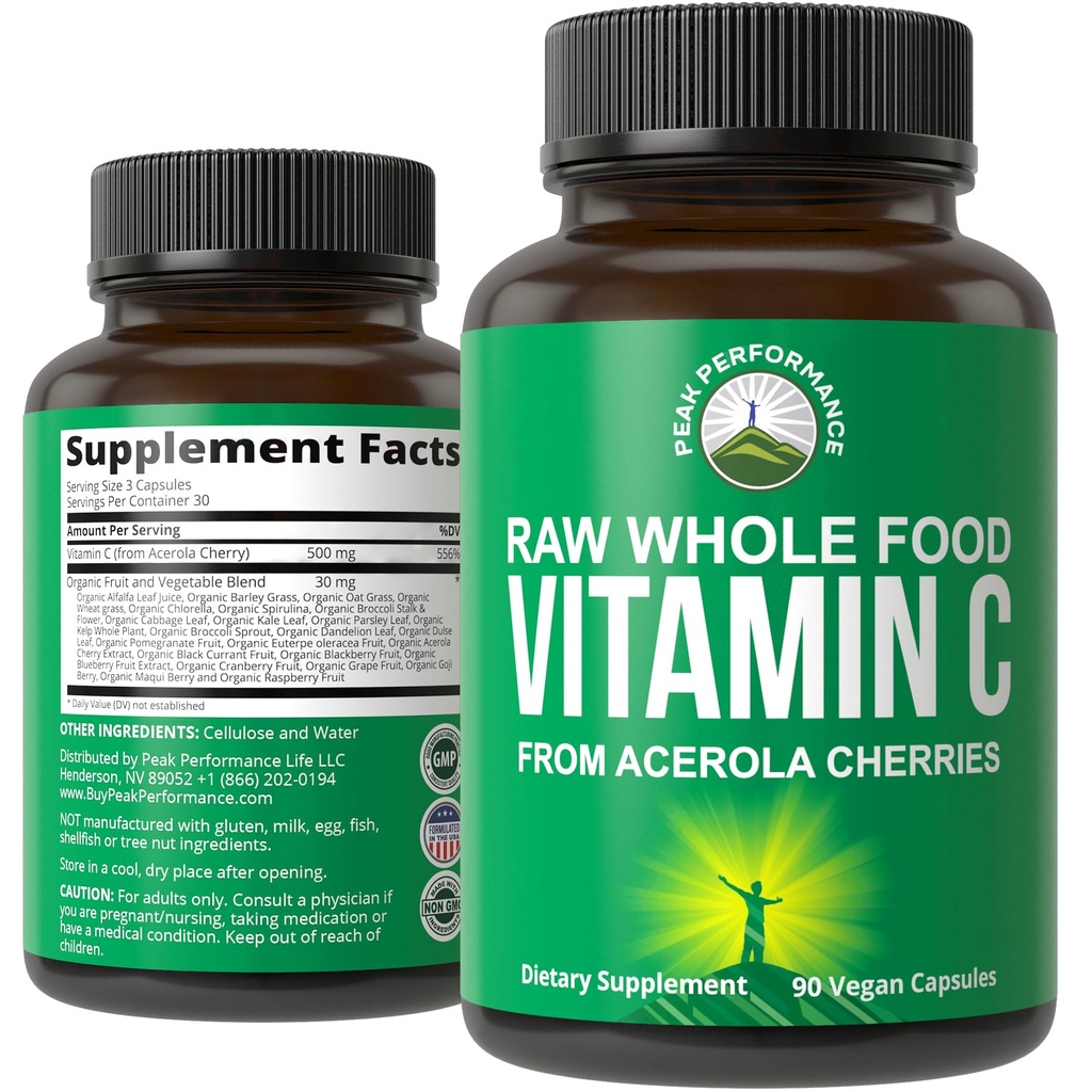 Peak Performance Raw Whole Food Natural Vitamin C kapsler fra Acerola Cherry til Max Absorption. Vegan USA Sourced Vitamin C Supplement 90 Pills. 500 mg Servering eller 2 Servere 1000mg