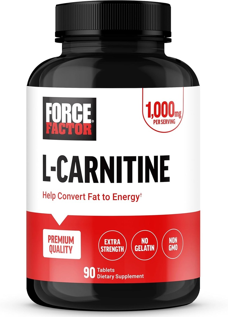 FORCE FACTOR L- Carnitin Supplement, L Carnitin Tartrate 1000mg kapsler til at konvertere fedt til energi, Support Muscle Recovery, og Boost øvelse ydeevne, Vegan, Non- GMO, 90 tabletter