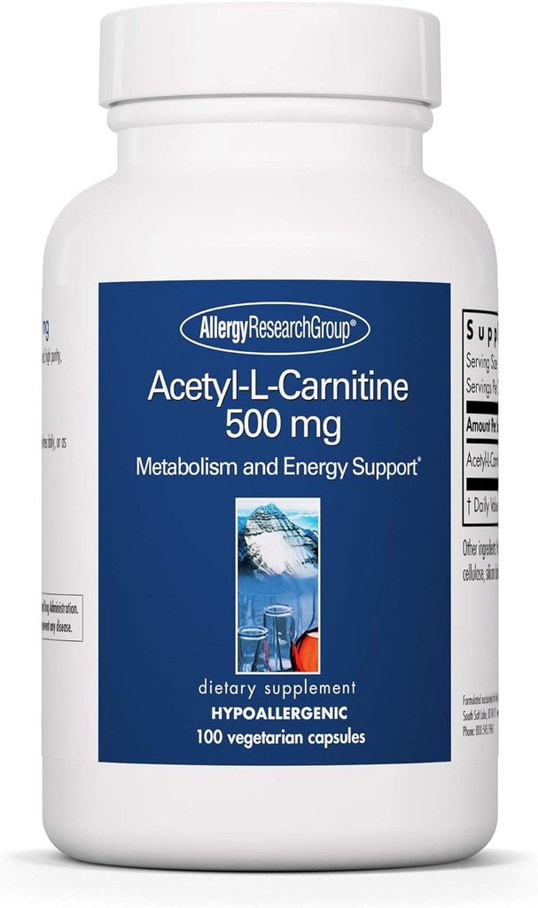 Allergy Research Group Acetyl- L- Carnitin 500mg Supplement - Metabolisme og energistøtte, ALC, fri form Aminosyre, Vegetariske kapsler - 100 Tæl
