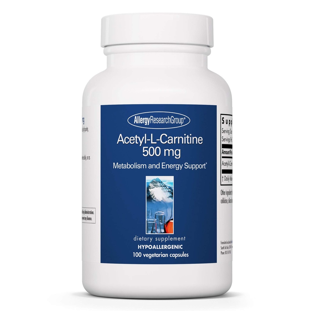 Allergy Research Group Acetyl- L- Carnitin 500mg Supplement - Metabolisme og energistøtte, ALC, fri form Aminosyre, Vegetariske kapsler - 100 Tæl