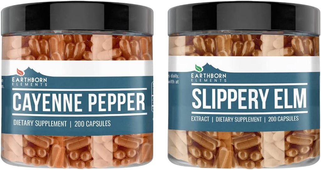 Earthborn Elements Cayenne Pepper & Slippery Elm Bundle (200 Kapsler Hver) Pure & Ufortyndet, Ingen tilsætningsstoffer