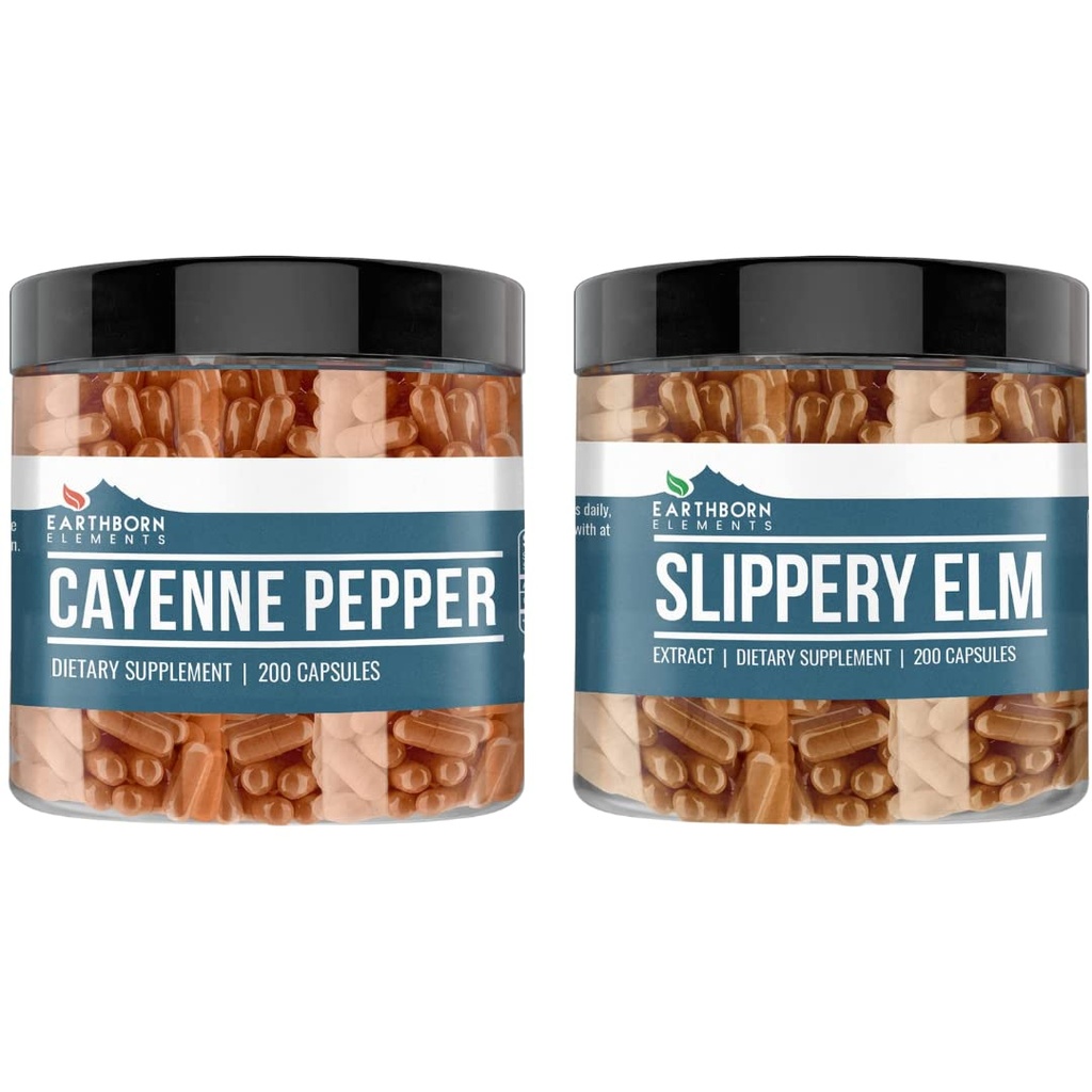 Earthborn Elements Cayenne Pepper & Slippery Elm Bundle (200 Kapsler Hver) Pure & Ufortyndet, Ingen tilsætningsstoffer