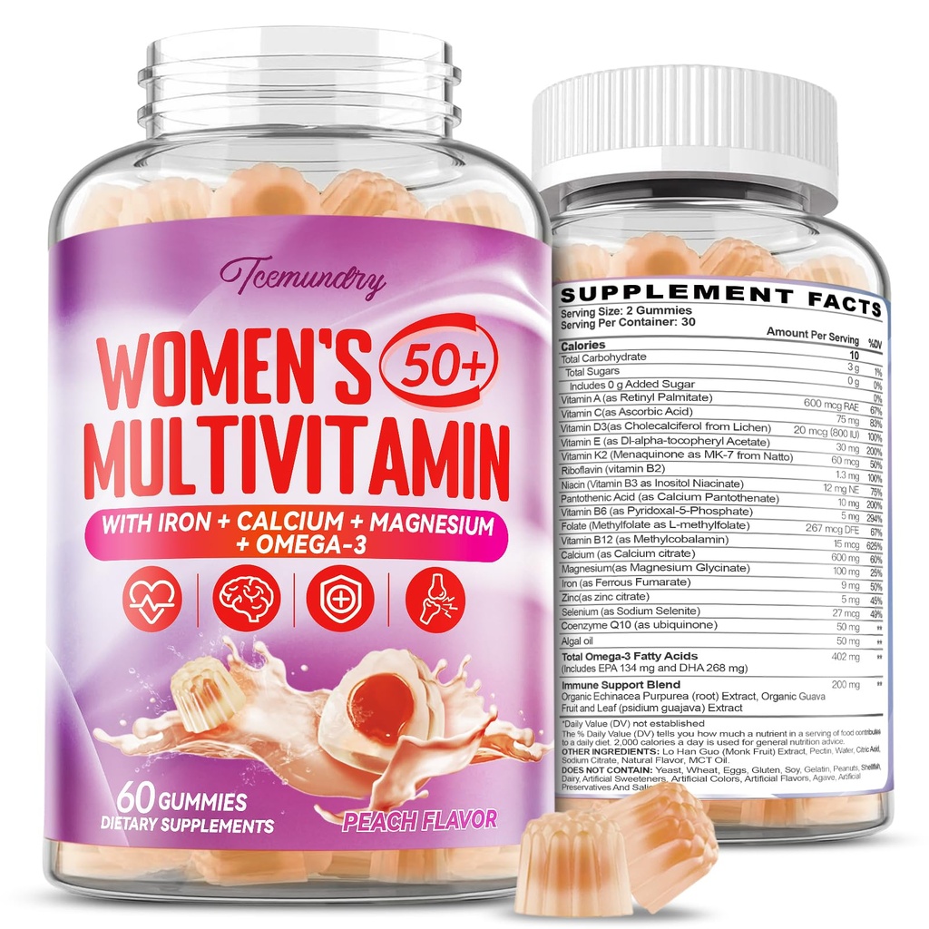 Multivitamin gummies for Women 50 Plus - med Omega 3, Coenzym Q10, Jern, Calcium, Zink, vitamin A, C, D3, E, K2, B Complex, Folate - Multi Vitamin & Minerals for Energy, Skønhed, Immun, Sugar Free