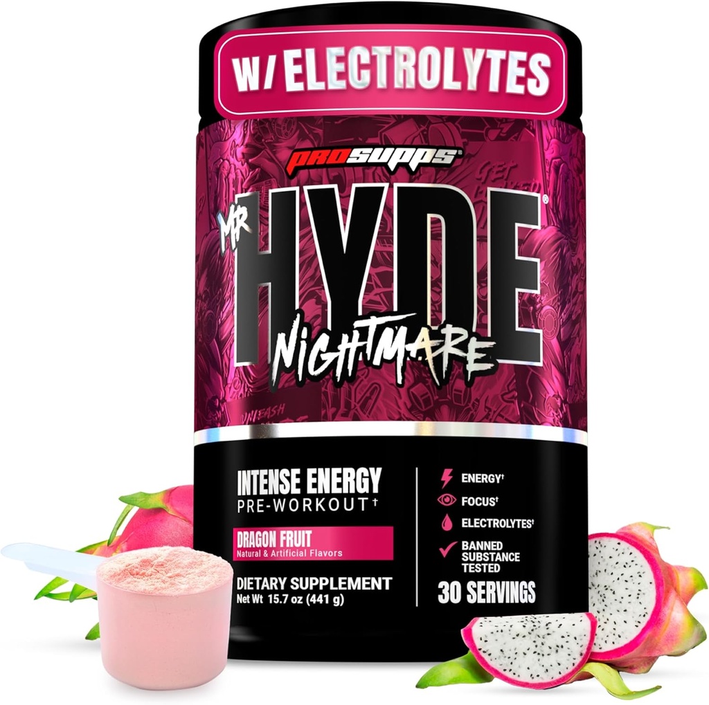 PROSUPPS Mr. Hyde Nightmare Pre Workout Pulver med koffein & Beta Alanine - Fortræning for Intense Energy, Mental Focus & Performance - Gym & Fitness Kosttilskud (Dragon Fruit, 30 Servere)